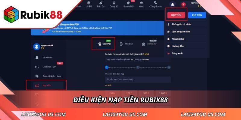 Điều kiện nạp tiền RUBIK88